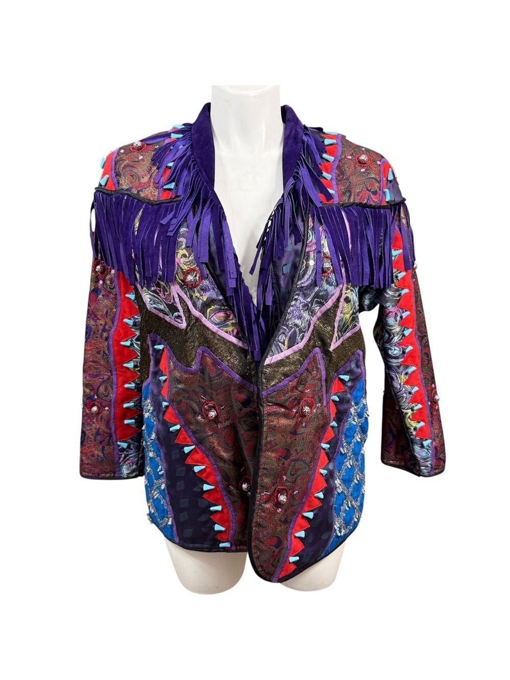 Vintage Judith Roberts Mexico Patchwork Fringe Jacket Beaded Western L/XL - Picture 10 of 16